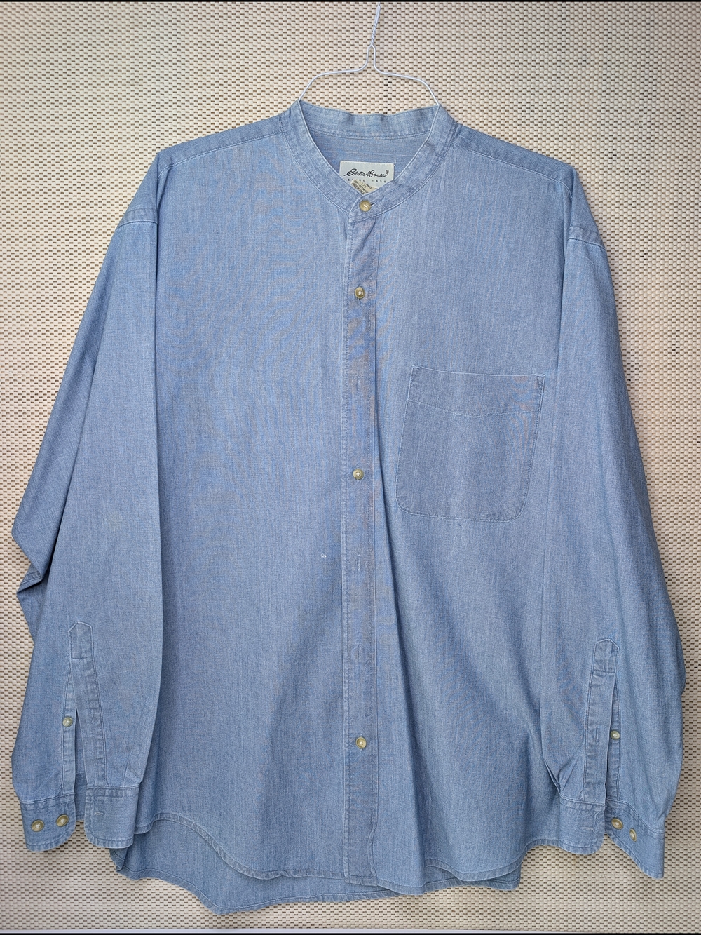 Vintage Eddie Bauer Men's Large Long Sleeve Light Wash Blue Denim Shirt
